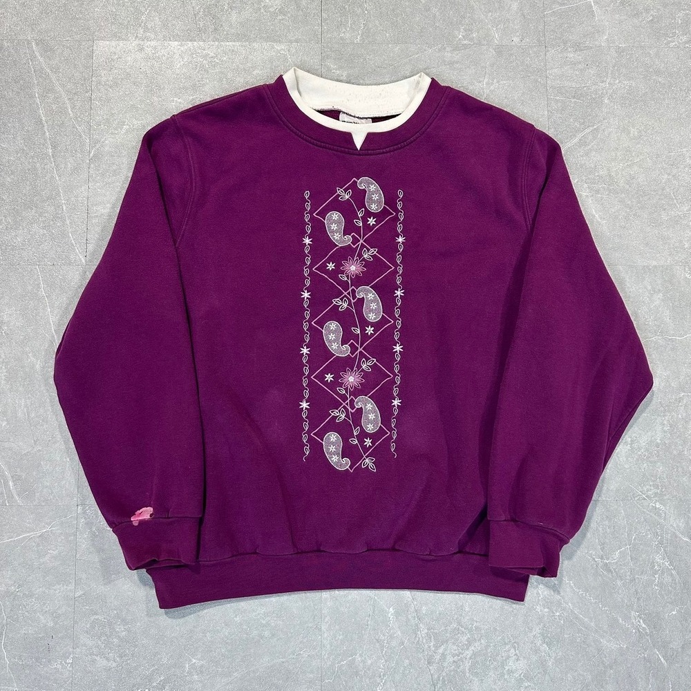 BonWorth Womens Plum Purple Embroidered Paisley Fleece Sweatshirt L 42270